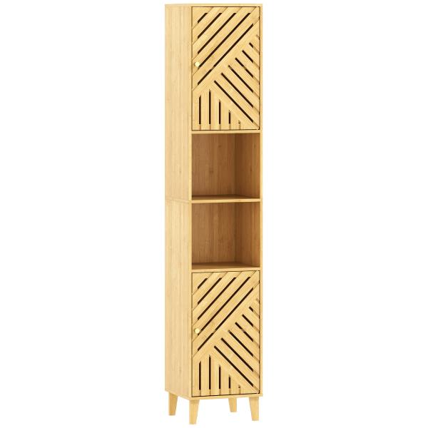 Coluna de Casa de Banho Estreita Armário de Casa de Banho Alto com Portas e Pés de Bambu 32x30x170 cm Madeira