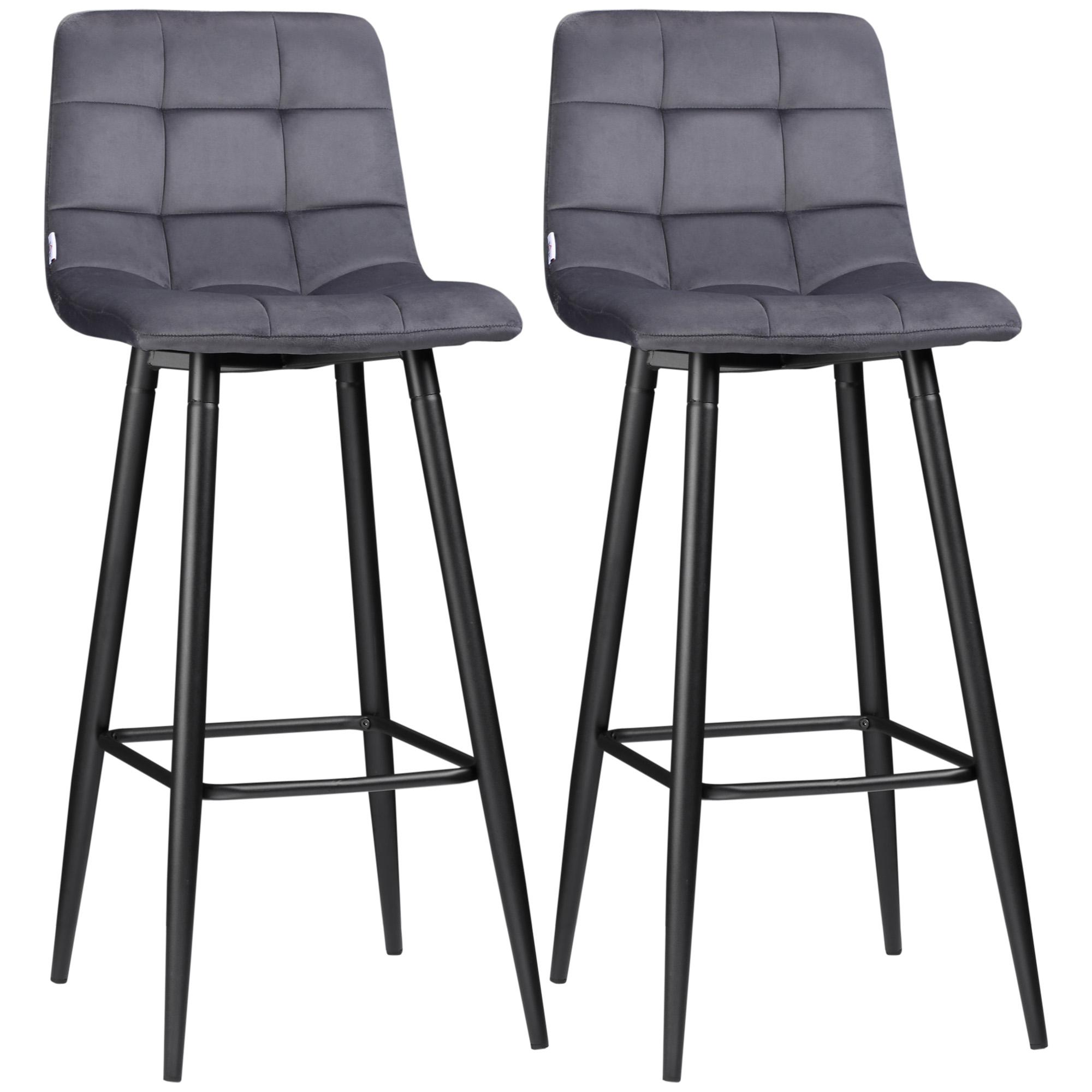 Conjunto de 2 Bancos Altos de Cozinha Bancos de Bar Estofados em Veludo com Apoio para os Pés e Encosto Cinzento