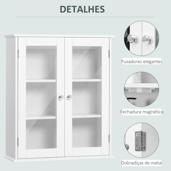 Armário Casa de Banho de Parede com 2 Portas de Cristal Armário Suspenso com Prateleiras Ajustáveis em Altura Multiuso para Cozinhas Sala de Estar 55x20x65cm Branco