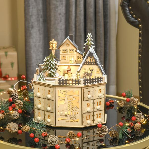 Calendário do Advento de Natal em Madeira Reutilizável com Luzes LED 24 Gavetas Cena de Aldeia 25x20x29 cm Natural