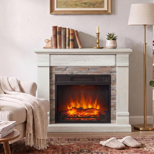 Lareira Elétrica Decorativa 1800 W com Efeito de Chama de 3 Níveis Termóstato Temporizador e Comando Madeira Natural