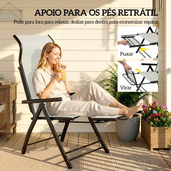 Conjunto de 2 Cadeiras Dobráveis Reclináveis de Jardim Exterior com Encosto Alto Ajustável em 5 Posições Apoio para Pés Cinza Claro
