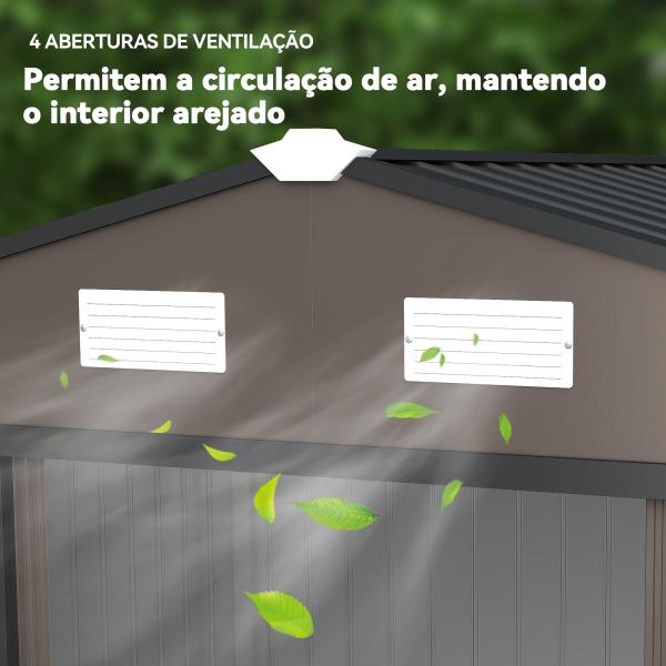 Abrigo de Jardim 277x195x192 cm Metálico para Armazenamento de Ferramentas com Base de Reforço Incluída Madeira