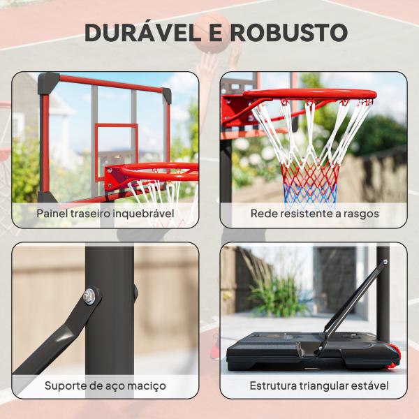 Tabela de Basquetebol com Altura Ajustável 178 - 208 cm Rodas Base Recarregável para Exterior 75x56x210 - 240 cm Vermelho e Preto