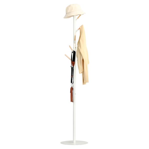 Cabide de Pé de Madeira com 6 Ganchos para Roupa Bolsas e Estrutura de Metal 35x35x174cm Branco e Madeira