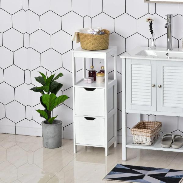 Armário de banheiro com prateleira aberta 2 gavetas 30x30x89 cm Branco