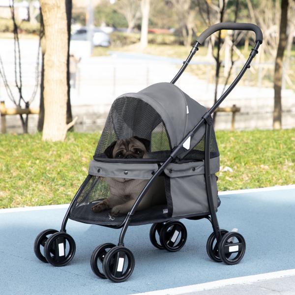 Carrinho para Animais de Estimação Dobrável com Janela de Malha Almofada Lavável Arnês de Segurança 82x47x97cm Cinza