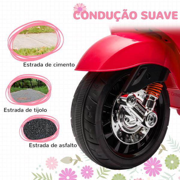 Moto Elétrica para Crianças de 3 - 6 Anos com Licença Vespa com USB MP3 Luz LED Rádio FM Velocidade 3 km/h Vermelho