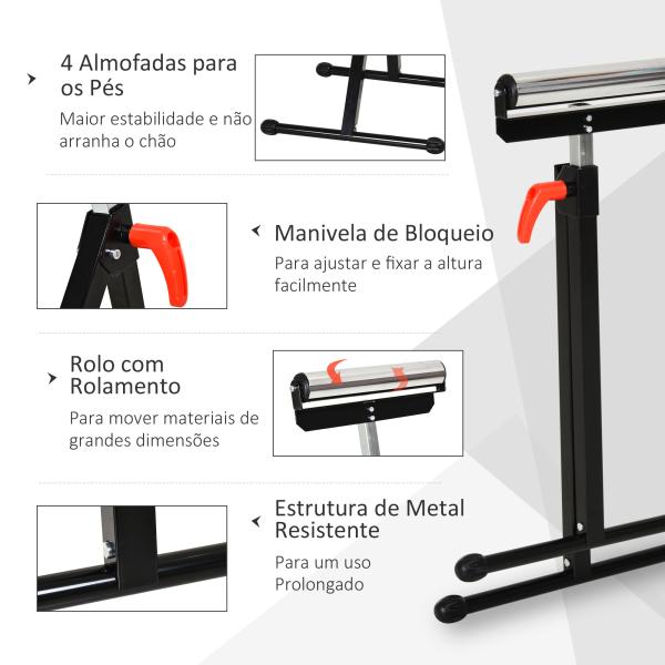 Cavalete Telescópico com Rolo Dobrável e Altura Ajustável entre 68 - 110cm com Manivela de Bloqueio Carga Máx. 60/90kg Preto e Prata