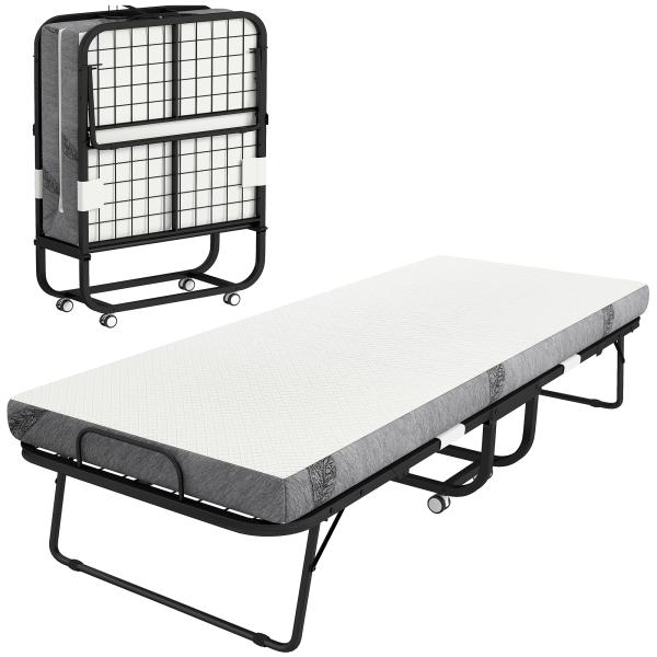 Cama Dobrável 200x75x42,5 cm Cama de Campismo Portátil com Colchão Individual Rodas e Freios Carga Máxima 150 kg para Dormitórios Branco
