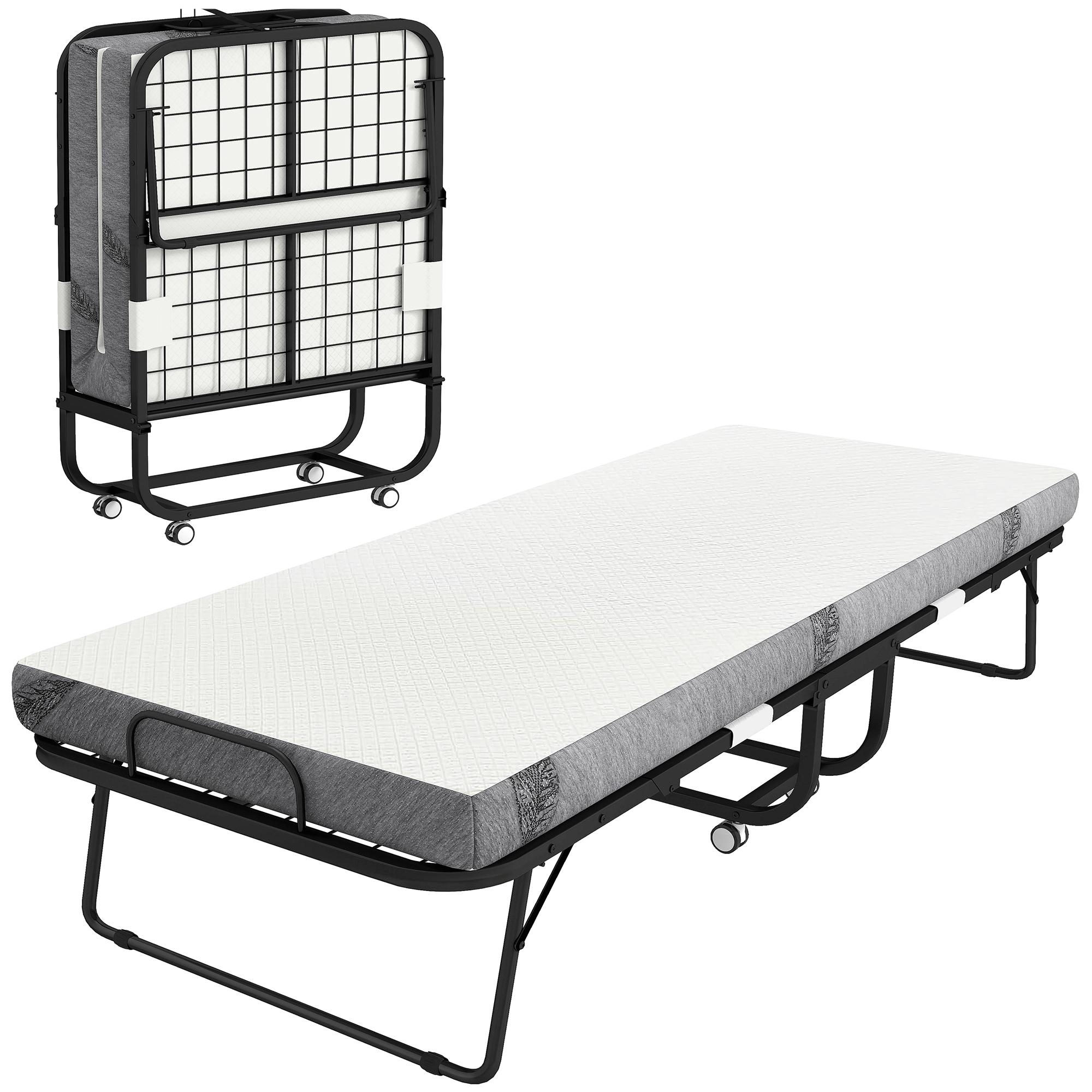 Cama Dobrável 200x75x42,5 cm Cama de Campismo Portátil com Colchão Individual Rodas e Freios Carga Máxima 150 kg para Dormitórios Branco
