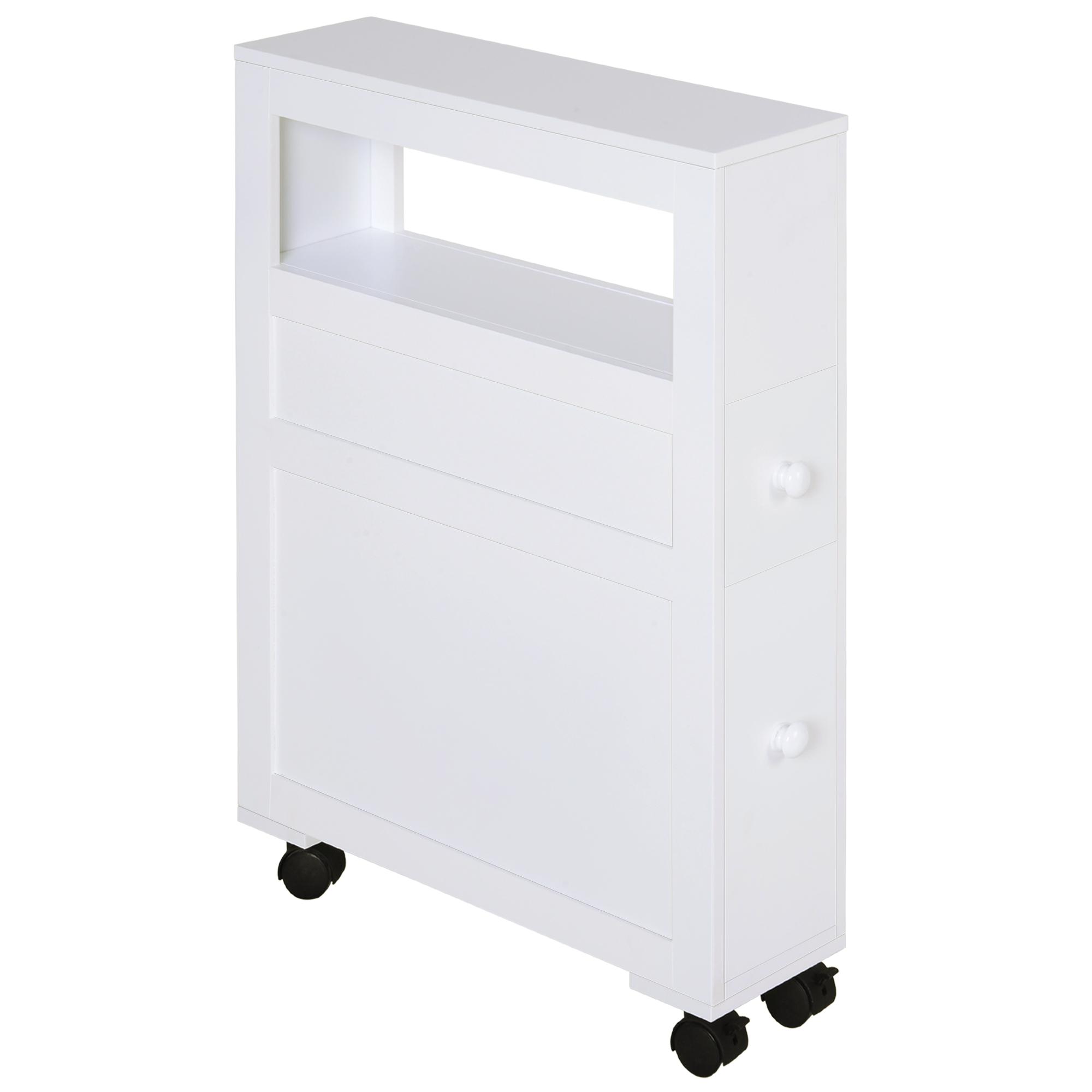 Armário Casa de Banho para Espaços Reduzidos com 4 Rodas Prateleira Aberta e Gavetas 16x52x71,5 cm Branco