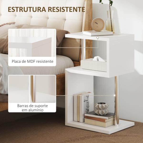 Mesa Auxiliar com Luz LED 3 Níveis Forma de S Prateleiras Abertas e Estrutura em Alumínio 44x38x75 cm Branco
