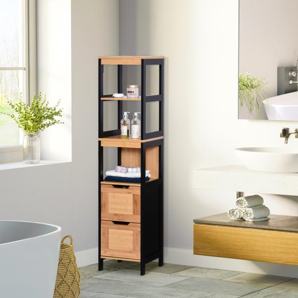 Coluna Casa de Banho com 3 Prateleiras e 2 Gavetas Armário Alto para Casa de banho Estilo Moderno 30x30x144,3 cm Madeira e Preto