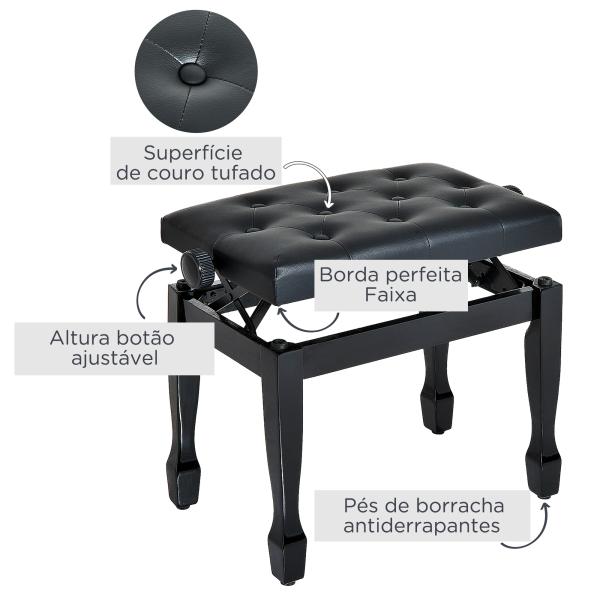 Banco de Piano Altura Ajustável Assento de Couro Sintético Pernas em Madeira 64x35x55 cm Preto