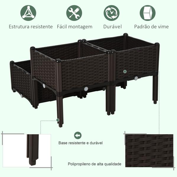 Conjunto de 4 Floreiras Quadradas Floreiras para Flores e Vegetais com Orifícios de Drenagem e Pés Altos 80x40x26 - 44 cm Marrom