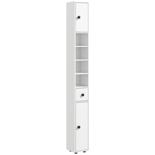 Coluna Casa de Banho Moderna com 1 Gaveta 5 Prateleiras Ajustáveis e 2 Armários 20x20x180 cm Branco