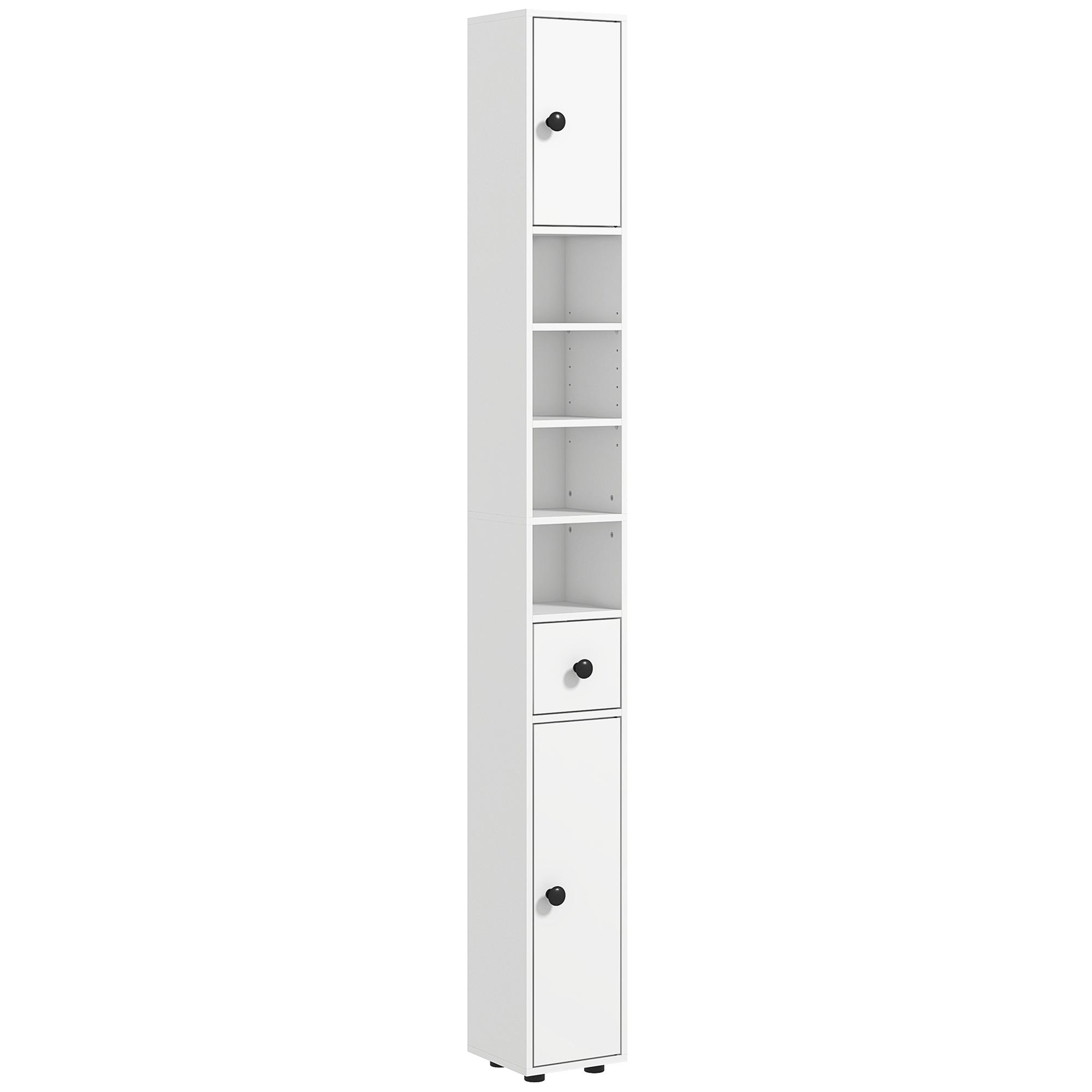 Coluna Casa de Banho Moderna com 1 Gaveta 5 Prateleiras Ajustáveis e 2 Armários 20x20x180 cm Branco