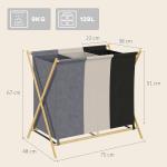 Cesto para Roupa Suja Dobrável com 3 Compartimentos Capacidade 129L com Estrutura de Bambu e Sacos Removíveis Multicolor
