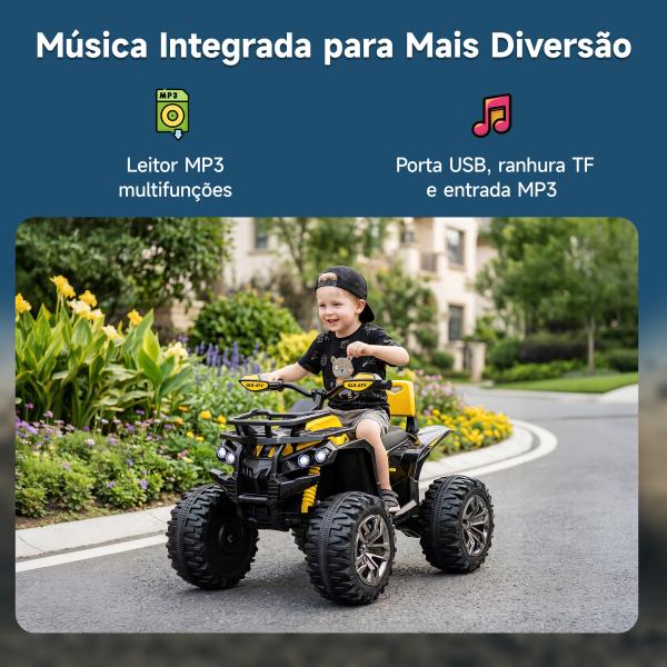Quadriciclo Elétrico 12V com Farol Música Pneus Suspensão Botões Avance Retrocesso 3 - 5 Anos Amarelo 100x65x73cm