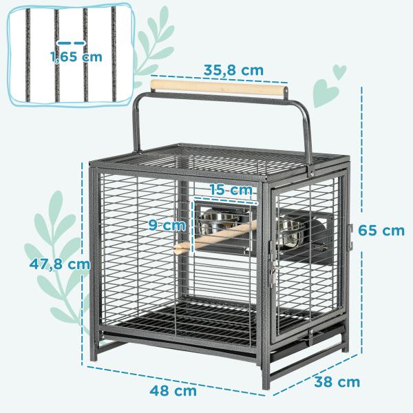 Gaiola para Pássaros Portátil com 2 Poleiros de Madeira Comedouros de Aço Inoxidável e Bandeja Amovível 48x38x47,8 cm Preto