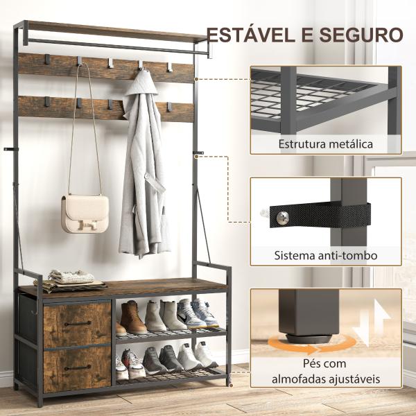 Móvel Cabide de Entrada com Banco 10 Ganchos 2 Gavetas e Barra para Pendurar Estilo Industrial 100x40x180 cm Castanho Rústico