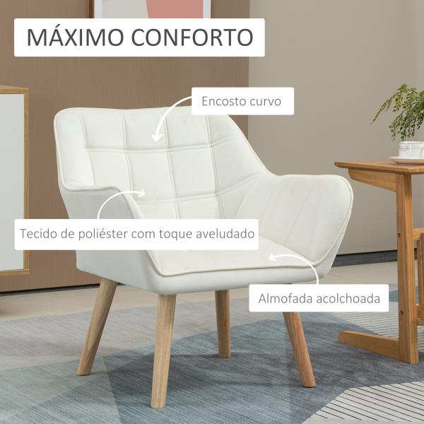 Poltrona de Sala Moderna Estofada em Veludo com Pés de Madeira Poltrona Relax para Sala de Estar Creme