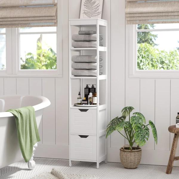 Armário de banheiro alto Multiuso 3 prateleiras 2 gavetas 30x30x144 cm Branco