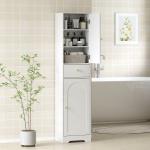 Coluna Casa de Banho com 2 Portas Arqueadas Gaveta e Prateleiras Ajustáveis Armário Alto Casa de Banho 40x29,5x170 cm Branco com Veios