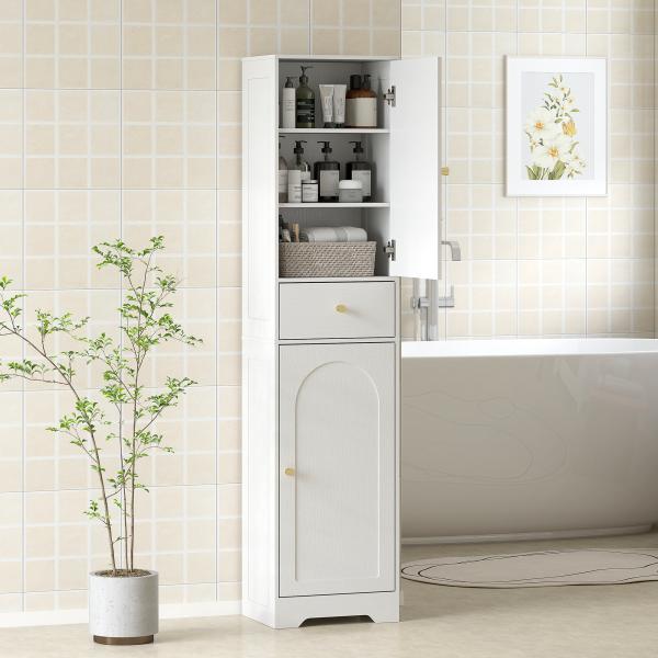Coluna Casa de Banho com 2 Portas Arqueadas Gaveta e Prateleiras Ajustáveis Armário Alto Casa de Banho 40x29,5x170 cm Branco com Veios