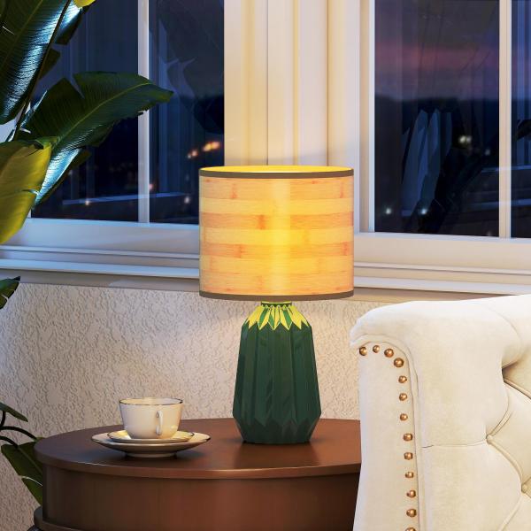 Candeeiro de Mesa com Base de Cerâmica e Ecrã de Linho Estilo Retro com Interruptor E27 40W Verde e Madeira