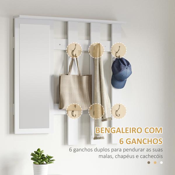 Móvel Cabide de Entrada com Espelho Cabide e Sapateira com 6 Ganchos e Prateleiras para 8 Pares de Sapatos Branco Brilhante