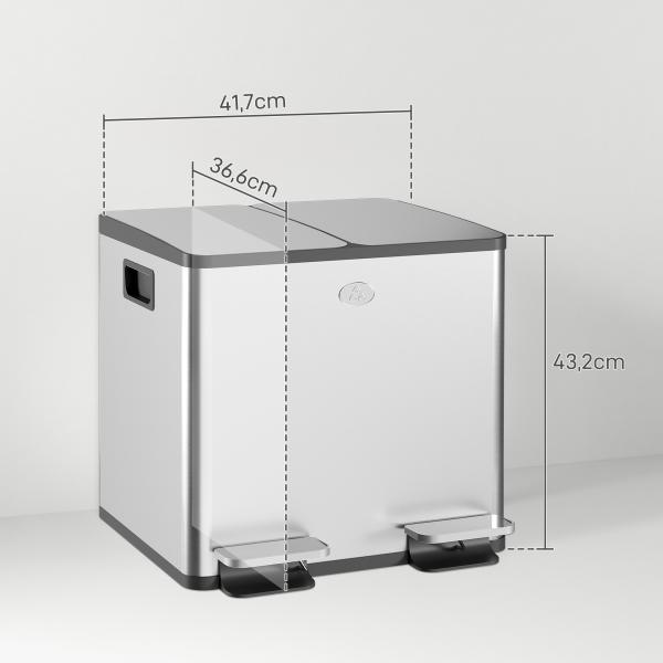 Balde de Lixo de Cozinha com 2 Compartimentos 2x15L Pedal Tampa de Fechamento Suave e Cubo Amovível Prata