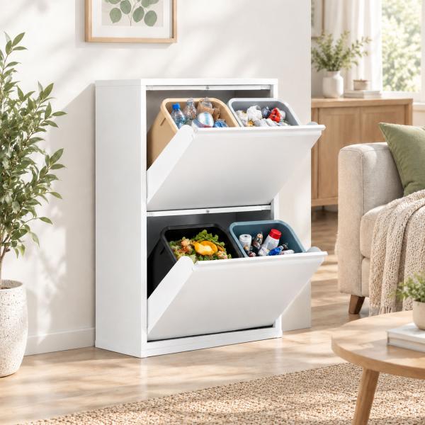 Caixote do Lixo de Reciclagem 4x15 L (60 L), 4 Compartimentos Estreitos em Aço, Fecho Suave, Branco