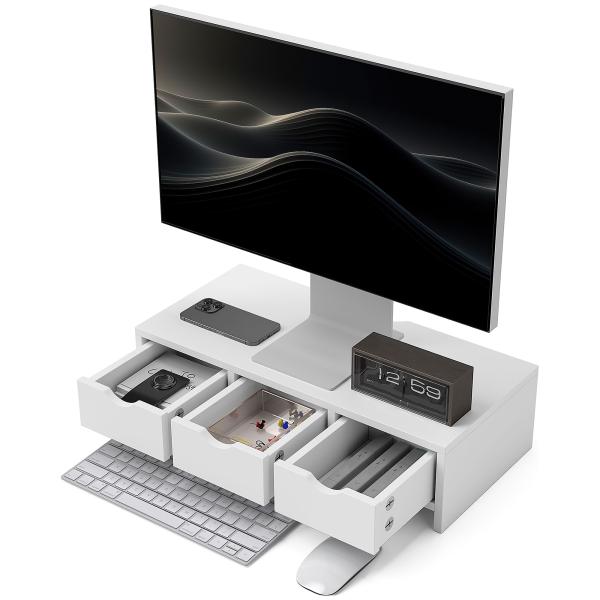 Suporte Elevatório para Monitor de Secretária com 3 Gavetas para PC e Portátil 51x24x13 cm Branco