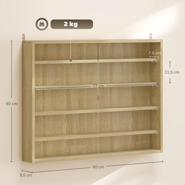 Vitrine de Parede de Madeira com Prateleiras Ajustáveis e 2 Portas Corredeiras de Vidro para Coleções 80x9,5x60 cm Carvalho
