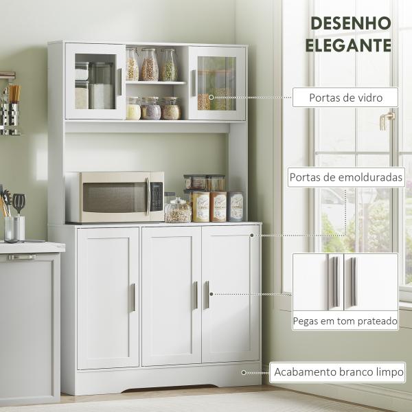 Armário de Cozinha com 2 Portas de Vidro Bancada Ampla para Micro - ondas Compartimentos Abertos Prateleiras Ajustáveis Branco