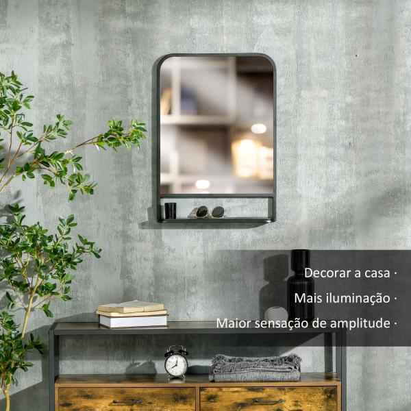 Espelho Decorativo de Parede 70x50cm Espelho Retangular de Metal com Prateleira de Armazenamento Estilo Moderno Preto