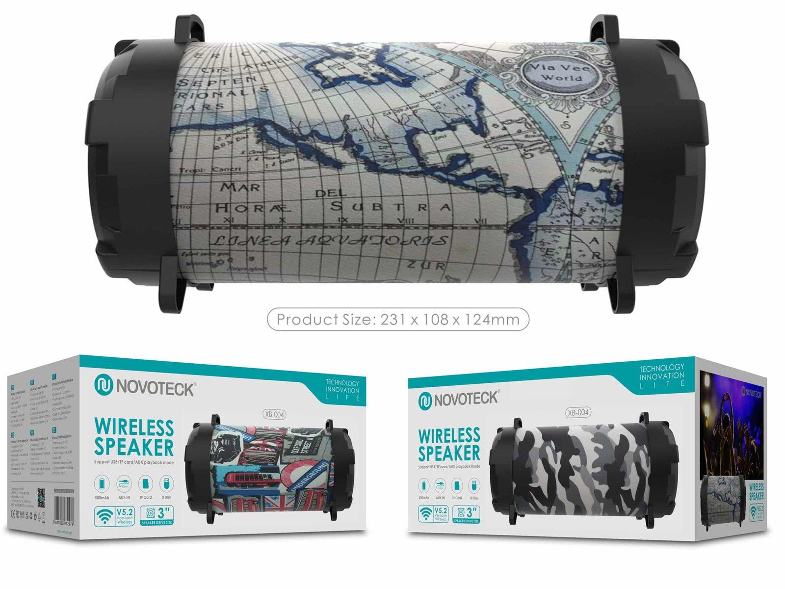 Coluna Portátil NOVOTECK XB-004 Bluetooth com Design Mapa – Leve o Ritmo das Ruas Consigo