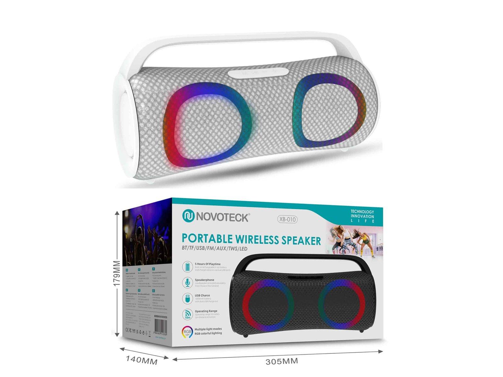 Coluna Portátil Sem Fios Branco XB-010 - BT 5.1, USB, AUX, TWS, FM, Iluminação RGB