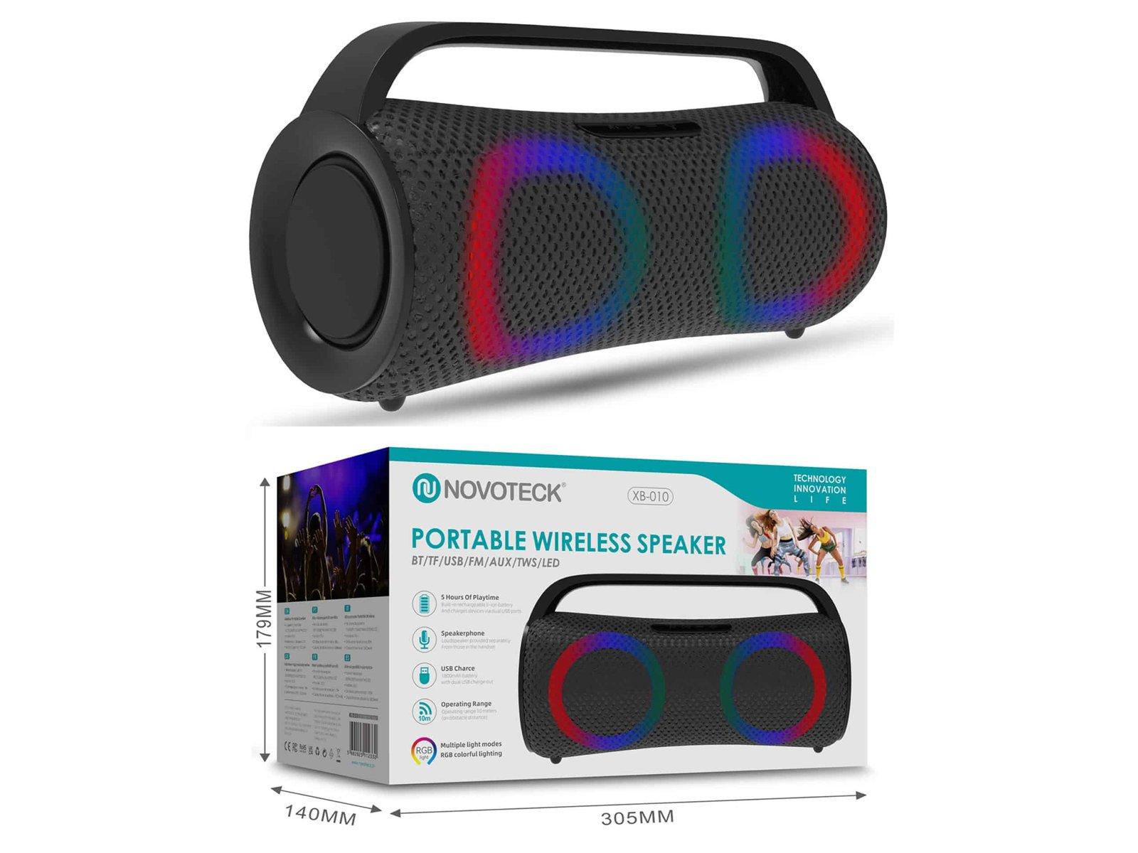 Coluna Portátil Sem Fios Negro XB-010 - BT 5.1, USB, AUX, TWS, FM, Iluminação RGB