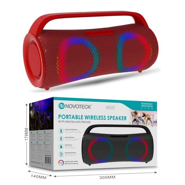 Coluna Portátil Sem Fios Vermelho XB-010 - BT 5.1, USB, AUX, TWS, FM, Iluminação RGB