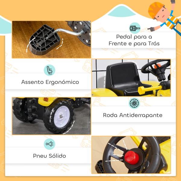 Trator a Pedal para Crianças acima de 3 Anos Trator Escavadora Infantil com Pá Dianteira 114x41x52 cm Amarelo e Preto