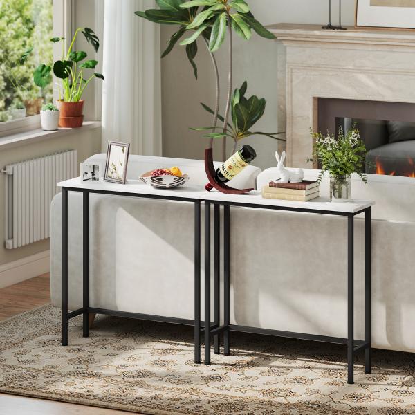 Mesa Consola Moderna Consola Estreita com Superfície com Efeito Mármore e Estrutura de Metal 75x24x76 cm Branco e Preto