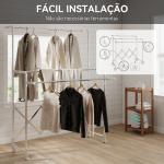 Estendal Vertical Dobrável de 3 Níveis Estendal de Aço Inoxidável com 3 Barras Ajustáveis e Extensíveis 4 Rodas 104 - 150x103x145 - 197 cm Prateado