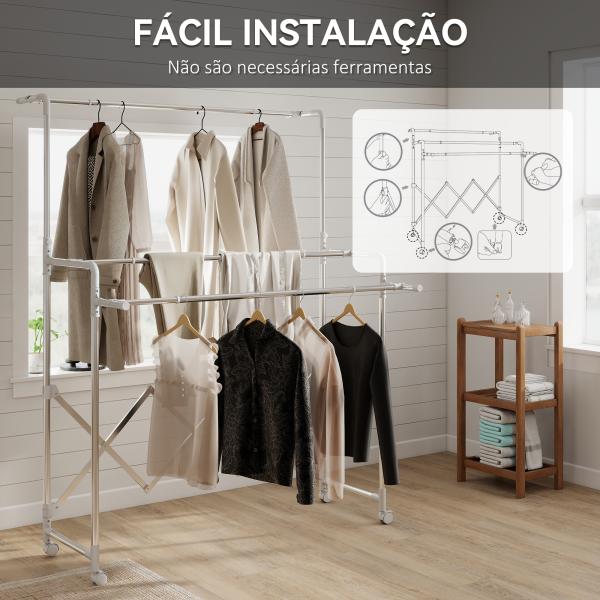 Estendal Vertical Dobrável de 3 Níveis Estendal de Aço Inoxidável com 3 Barras Ajustáveis e Extensíveis 4 Rodas 104 - 150x103x145 - 197 cm Prateado