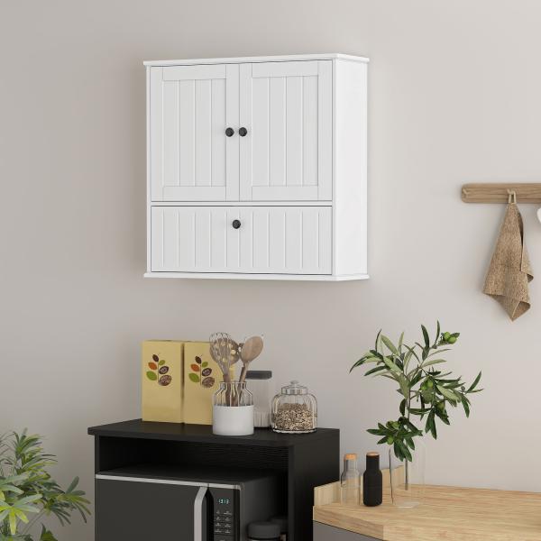 Armário Casa de Banho de Parede Rústico com Prateleira Ajustável Dupla Porta Porta Basculante e Fecho Magnético 60x19,5x60 cm Branco