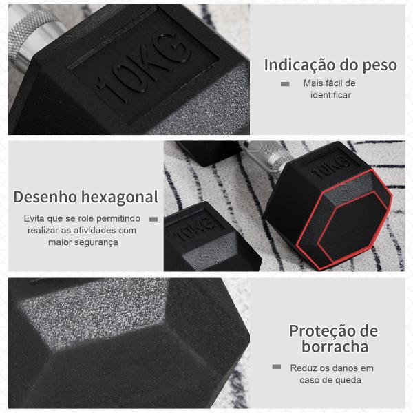 Conjunto de Halteres 20 kg com Barra Metálica e Cabeça Hexagonal Conjunto de Pesos para Treino 31x13,5 cm Preto e Prata