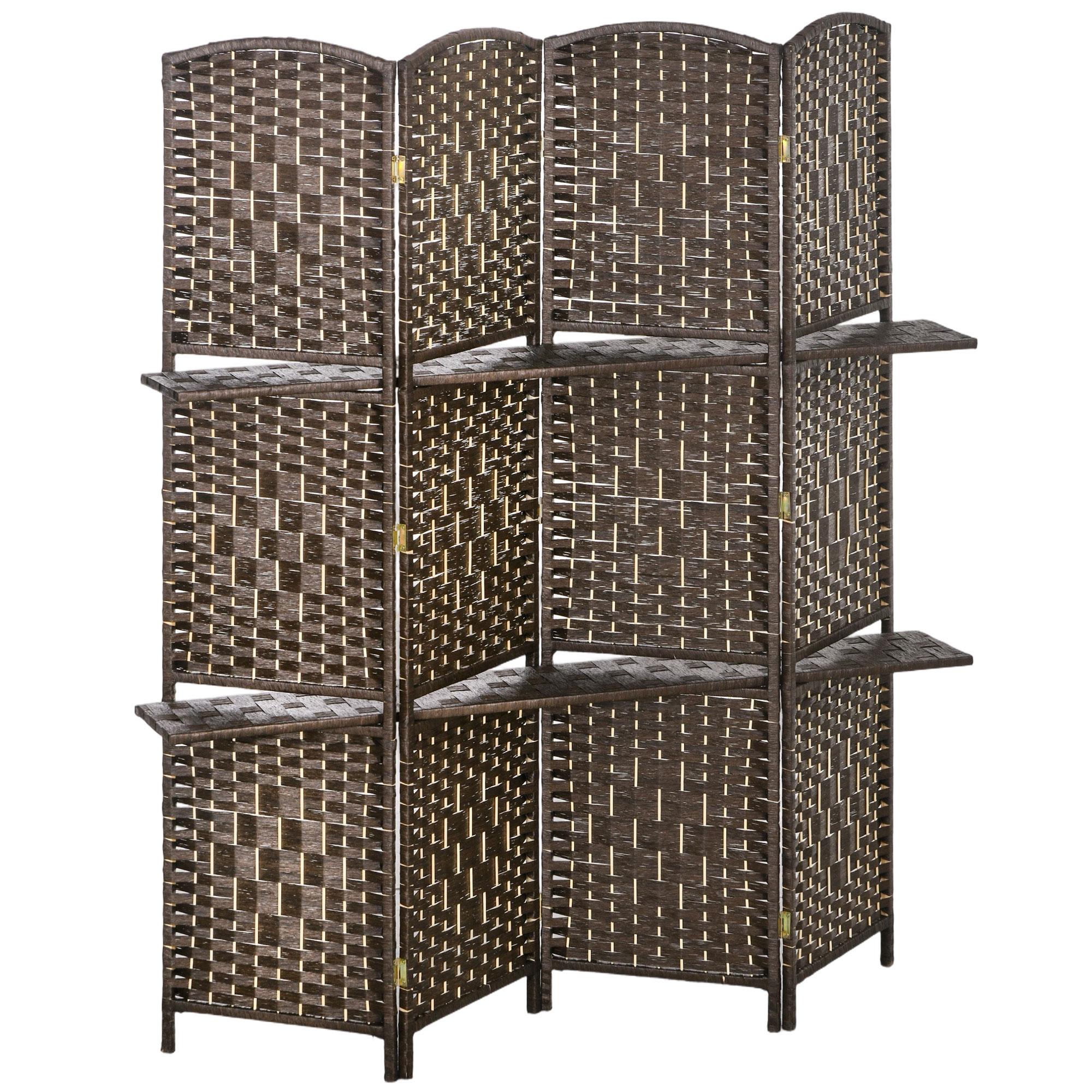 Biombo Separador de Ambientes 4 Painéis 160x170 cm com 2 Prateleiras Dobrável de Fibra de Papel Castanho