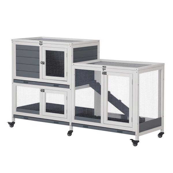 Coelheira de Madeira com Rodas 147x45,5x88,5cm Gaiola para Coelhos de 2 Níveis com Teto Abatível 2 Cercados de Metal 3 Bandejas Removíveis 3 Portas com Trava e Rampa Cinza